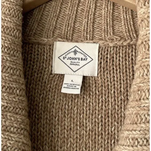 Y2K Cable Knit Cardigan Size Large Tan Button Sweater Pockets Chunky Academia - Picture 5 of 9